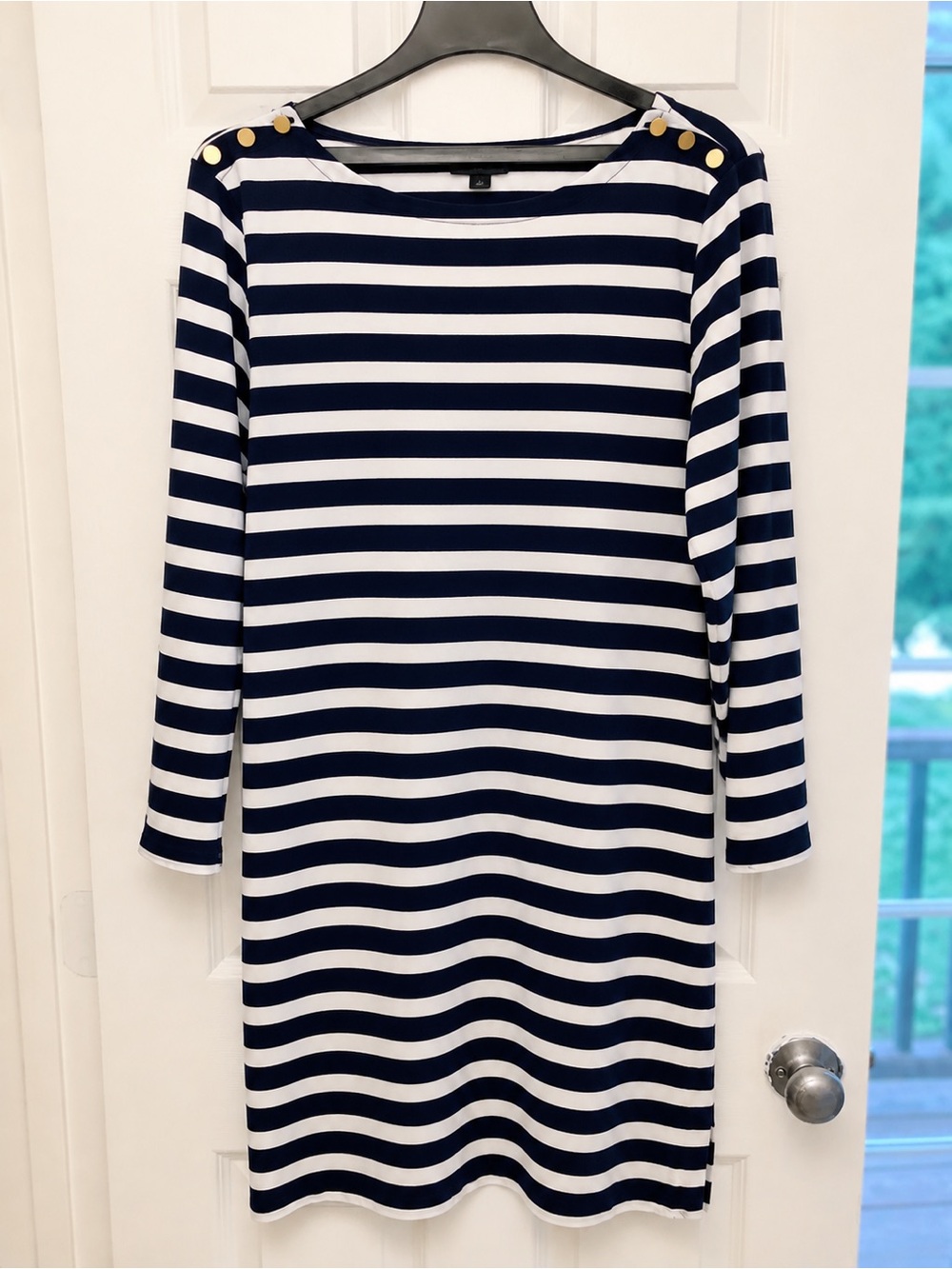 J.Crew Navy White Striped Boat Neck Dress L Gold Button